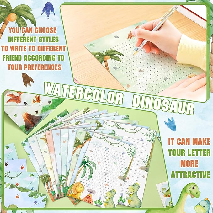 TaoBary 160 Pcs Stationery Paper Set 50 Double Sided Stationery Papers with 50 Matching Envelopes and 60 Round Dot Sticker, 10 Design(Watercolor Dinosaur,8.25 x5.5 Inch)