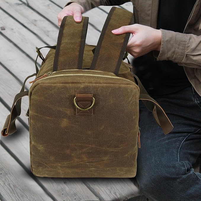 60L Travel Bags for Men, Nomad Washed Canvas Duffle Bag Vintage Genuine Leather Travel Duffel Bag Multifunctional Weekender Overnight Backpack with Shoes Compartment