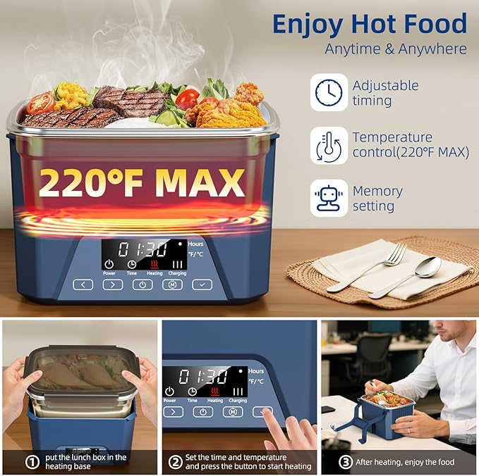 Cordless Electric Lunch Box for Adults, Heated Lunch Box 20000 mAh Battery Powered with Automatic Heating, 1.2L Portable Food Warmer, BPA Free