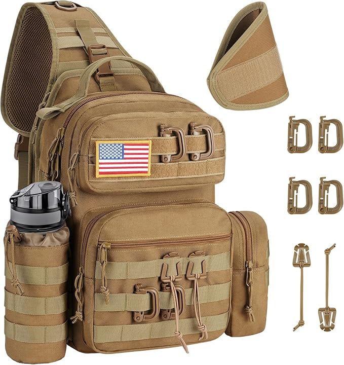 CVLIFE Tactical Sling Bag Backpack for Men Military Shoulder Sling Bag Molle Army Assault Detachable Tactical Bag with Bottle Holder Concealed Carry Daily Day Pack Work Bag for EDC Hiking, Khaki