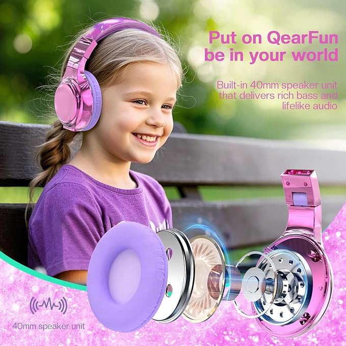 QearFun Kids Bluetooth 5.3 Headphones, Wireless Metallic Gradient Headset, Lightweight Foldable On Ear Headphones with Aux Cord, Fast Charging, Built-in Mic, for School/Travel/Tablet/iPad