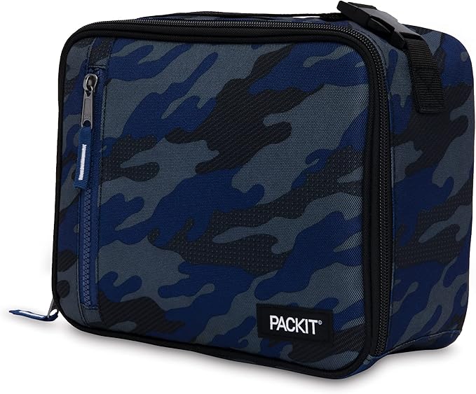 PackIt Freezable Classic Lunch Box, Sporty Camo Charcoal Navy, Built with EcoFreeze Technology, Collapsible, Reusable, Zip Closure With Zip Front Pocket and Buckle Handle, Desgined for Lunches