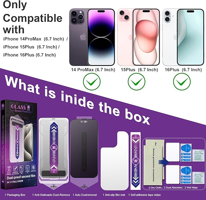 2 Pack Matte Privacy Screen Protector for iPhone 14 Pro Max/iPhone 15 Plus/iPhone 16 Plus, 9H Tempered Glass, Full Coverage, Anti-Fingerprint, Auto Dust-Elimination, No Bubble, Easy Installation