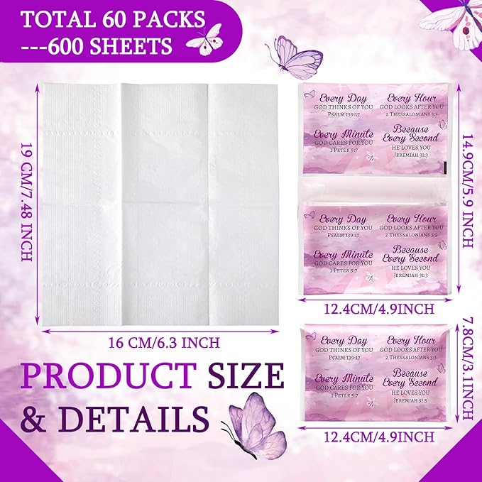 Sinmoe 60 Pack Pocket Tissues Travel Packs Christian Travel Tissues 3 Ply Pocket Size for Guests Mini Wallet Facial Napkin for Breast Cancer Wedding Xmas Graduation(Cloudy)