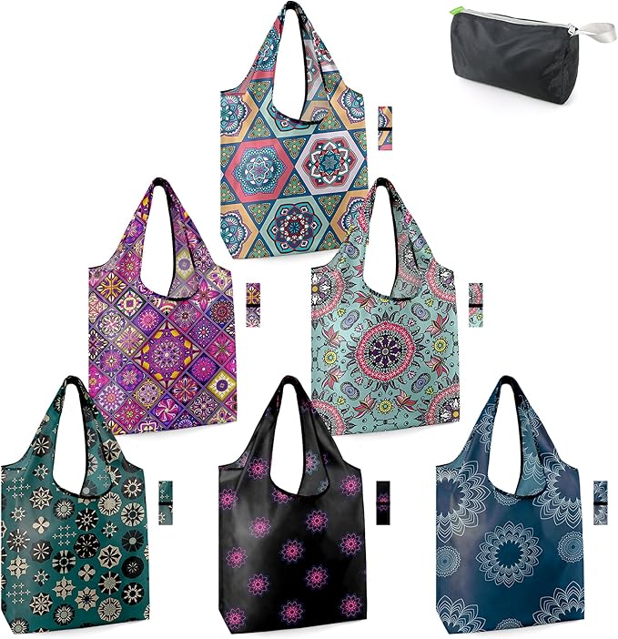 BeeGreen Boho Gifts for Women Geometric Reusable Grocery Bags Mandala Shopping Bags Bulk 6 Pack 50LBS X-Large Foldable-Machine Washable-Heavy Duty Mandana Yoga Gifts