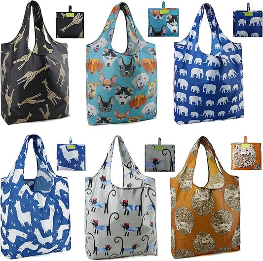 BeeGreen Shopping Bags Cloth Grocery Bags Foldable Travel Bag Tote Bags Bulk - Reusable Gift Bags with Handles (6 Pack) - Heavy Duty Large Washable Animal Holiday Design for Women Travel & Groceries