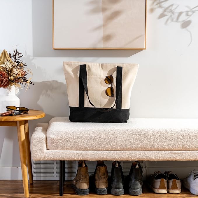 Carrywell |Not Made in China| Cotton Tote Bags, Reusable Grocery Shopping Bag with Zipper Closure and Front Pocket, Heavy Duty Organic Cloth w/Handles