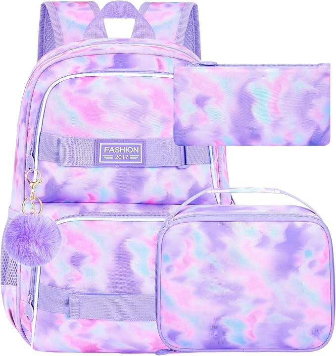 3Pcs Backpack for Girls Boys, 17 Inch School Bookbag with Lunch Box, Durable Laptop Backpacks Set for Teens College