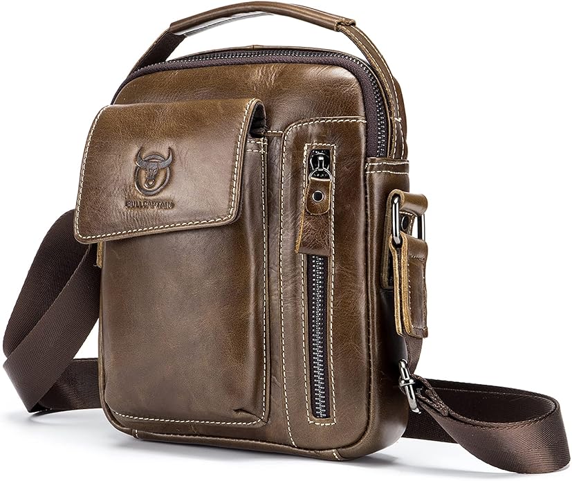 LUKZIJAES Small Genuine Leather Shoulder Bag Men Messenger Handbag Lightweight Sling Crossbody Bag