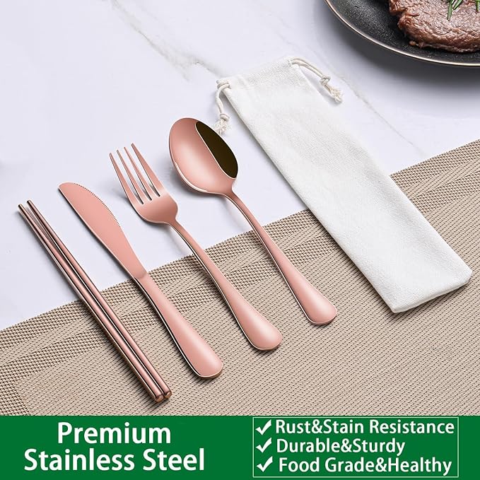 Travel Silverware Set Rose Gold Camping Picnic Utensils Set With Case Includes Knife Spoon Fork Chopsticks,Office Work Lunch Personal Flatware Set