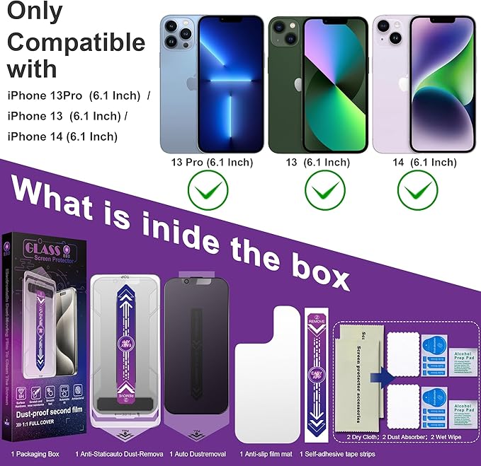 2 Pack Matte Privacy Screen Protector for iPhone 16e/iPhone 14/iPhone 13 Pro/iPhone 13, 9H Tempered Glass, Full Cover, Anti-Fingerprint, Auto Dust-Elimination, No Bubble, Easy Installation