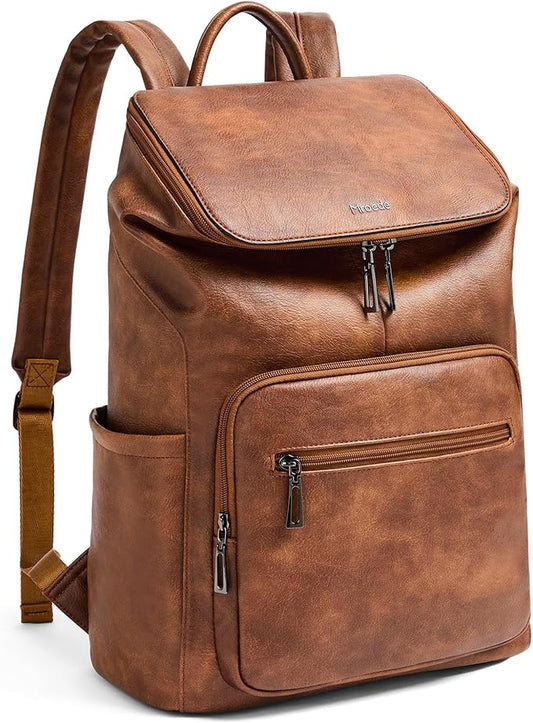 Leather Laptop Backpack for Women, 15.6 Inch Travel Backpack with Laptop Compartment, Casual Daypack Fashion Travel Backpack Purse for Travel College Work, Brown