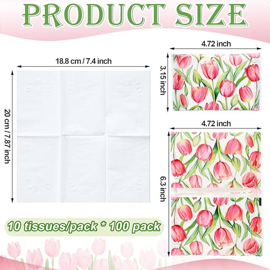 PerKoop 100 Pack Pocket Tissues Travel Slim Packs Small Facial Tissues Wallet Size Toilet Paper for Travel Guest Wedding Supplies, 4 Styles (Tulip)