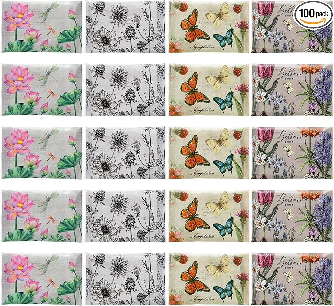 PerKoop 100 Pack Pocket Tissues Travel Slim Packs Small Facial Tissues Wallet Size Toilet Paper for Travel Guest Wedding Supplies, 4 Styles(Retro Floral)