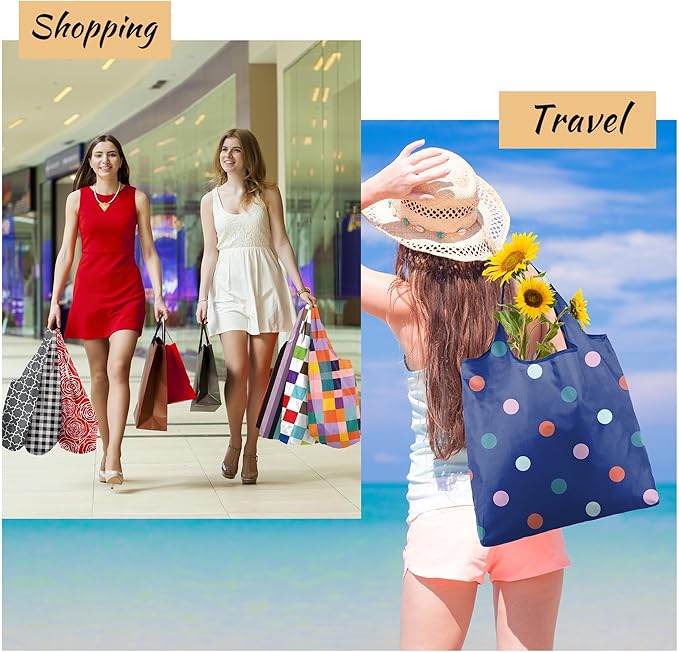 BeeGreen Reusable Grocery Bags Geometry Design - Pack of 6 Foldable Totes for Women with Pouch,X-Large 50lbs Capacity Machine Washable Polyester Sturdy Shopping Bags for Women Travel Shopping