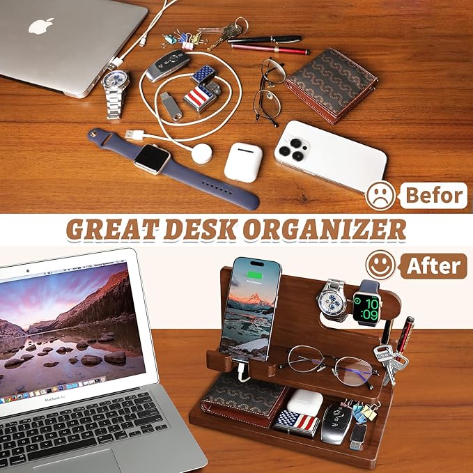 Wood Phone Docking Station - Nightstand Charging Organizer and Cell Phone Stand - Bedside Gift for Men