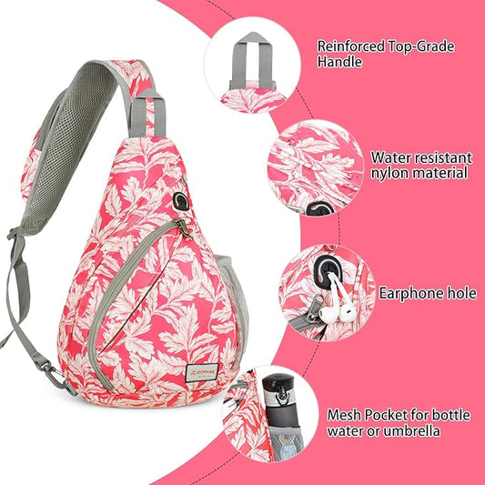 ZOMAKE Sling Bag,Small Crossbody Sling Backpack,Water Resistant Shoulder Daypack for Travel,Anti Thief Chest Bag for Hiking(Fushcia White Leaf)