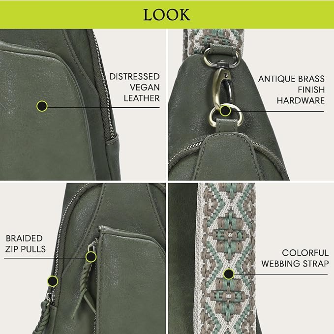 Antik Kraft Tasha Webbing Strap Sling (Moss) | Vegan Leather Crossbody Bag for Women with 16-20" Strap | Sling Bags for Women with Durable Antique Brass Hardware | 7in x 2.5in x 12.5in |