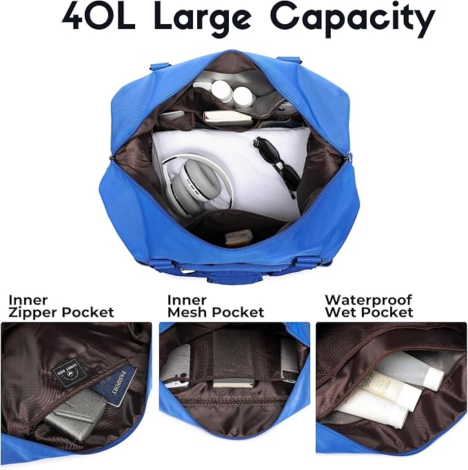 SUNNY BIRD Duffel with Utility Pouch, 40L Weekender Overnight Bag with Shoe Compartment for Travel and Sports (Blue)