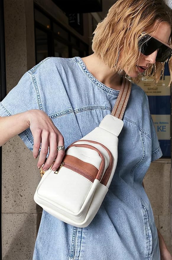 Sling Bag for Women Vegan Leather Fanny Pack Small Crossbody Purse Anti Theft Chest Bag for Travel Beige & Brown