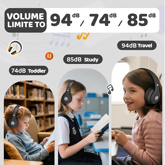 Headphones Kids Bluetooth 5.4 Wireless Play Time 68H Safe Volume Limit 85/94dB Over-Ear Foldable Headset,Fast Charging,with Aux Cord Built-in Mic for Toddler Child Pad Study Tablet Black