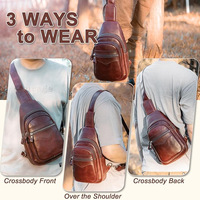 Genuine Leather Sling Bag for Men and Women Crossbody Shoulder Bag Sling Backpack Chest Purse Carry on Casual Daypack