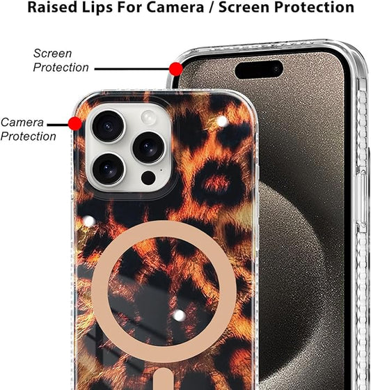 SAKUULO Magnetic for iPhone 15 Pro Max Case Gold Leopard Print Pattern [Compatible with MagSafe] Wireless Charge Strengthen Protection Cover, Gold Leopard (6.7")