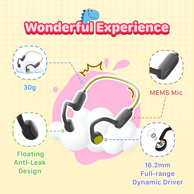 Kids Bluetooth Headphones Wireless Earbuds, Open Ear Headphones for Kids, Internal Mic, IPX5 Waterproof, 30g Lightweight & Robust, Air Conduction Non-in-Ear, 85dB Hearing Protection