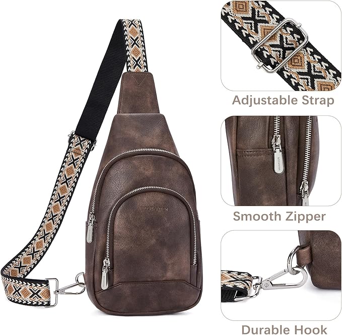 BOSTANTEN Sling Bag for Women Leather Crossbody Bag Vintage Cross Body Purse for Travel with Guitar Strap, Bohemian Style