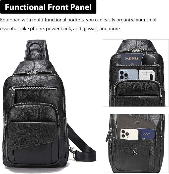 LANNSYNE Full Grain Leather Casual Sling Bag For Men Hiking/Travel/Business Crossbody Chest Bag Fits 12.9" iPad