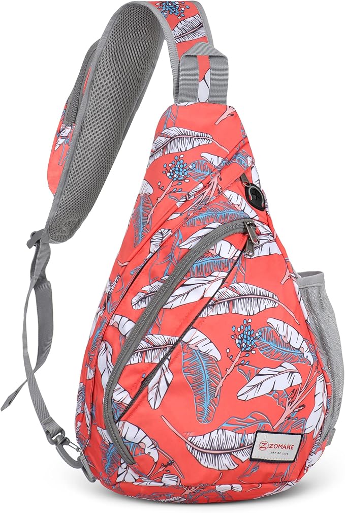 ZOMAKE Sling Bag,Small Crossbody Sling Backpack,Water Resistant Shoulder Daypack for Travel,Anti Thief Chest Bag for Hiking(Orange White Leaf)