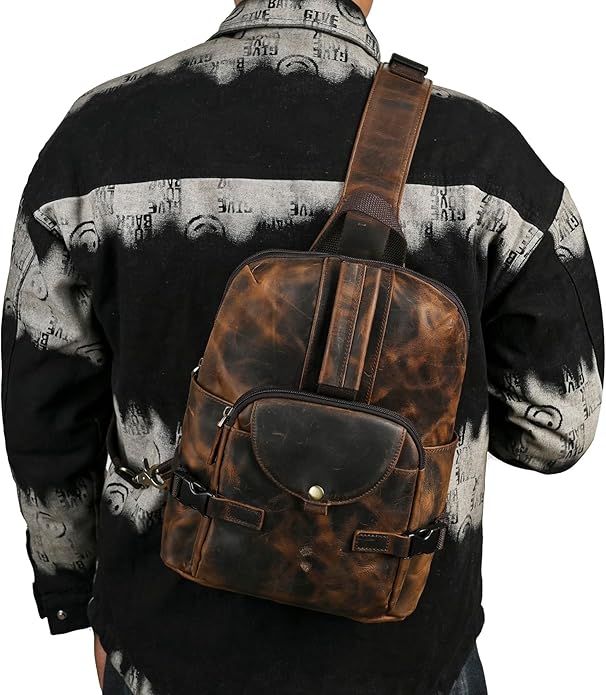 Thick Crazy horse Leather Triangle Crossbody Sling Chest Bag Travel One Shoulder Bag Daypack For Men Male 3028