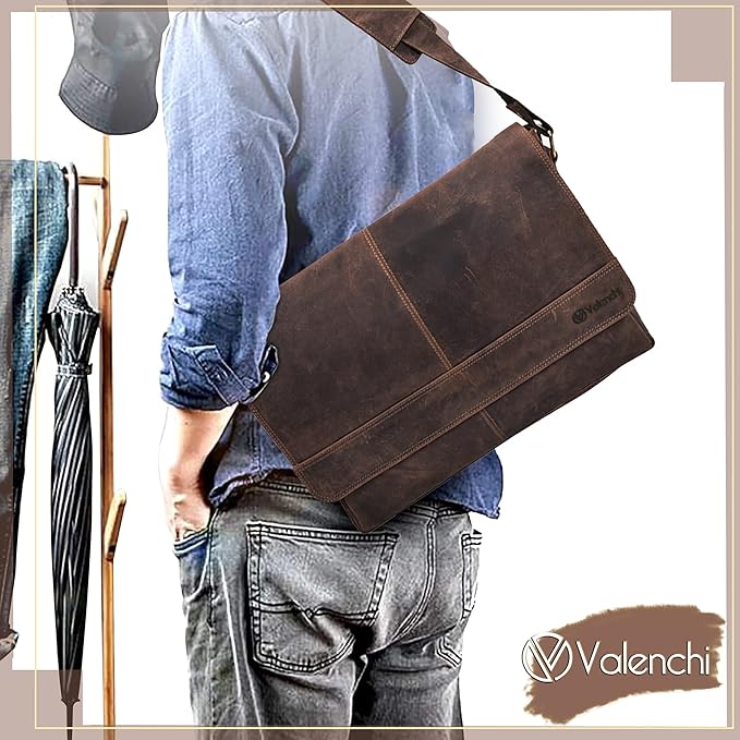 VALENCHI Leather Messenger Bag For Men, Women - 14" Leather Laptop Messenger Briefcase & Shoulder Bag - Office, Work, College, Casual - Gift For Him, Her - Father's day (BROWN VINTAGE)