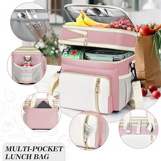 LOKASS Lunch Box for Women, 16L, Double Deck Expandable Insulated Lunch box For Adults/Women Thermal Large Waterproof Leakproof Cooler Bag with Shoulder Strap - Light Pink