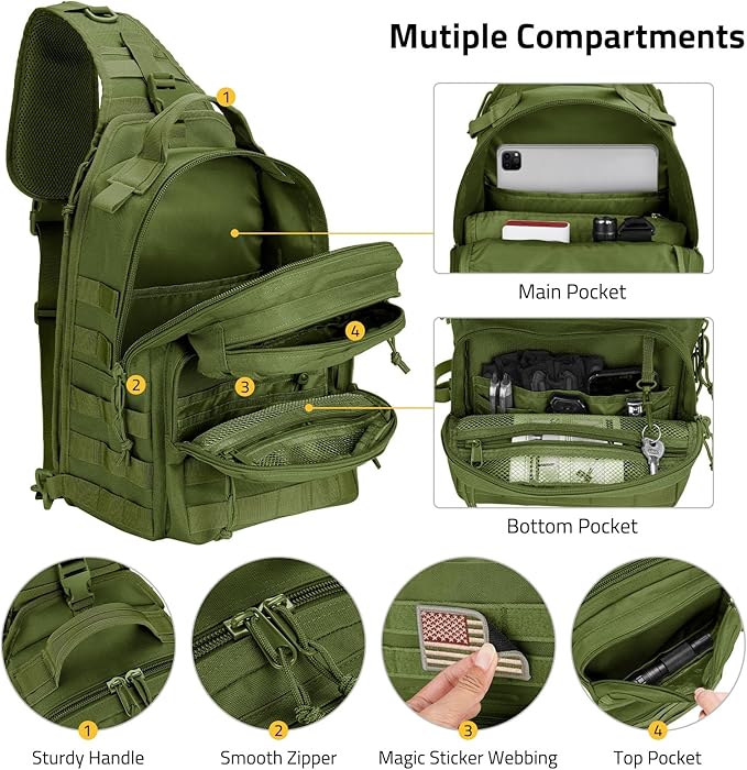 CVLIFE Tactical Sling Bag Backpack for Men Military Shoulder Sling Bag Molle Army Assault Detachable Tactical Bag with Bottle Holder Concealed Carry Daily Day Pack Work Bag for EDC Hiking, Green