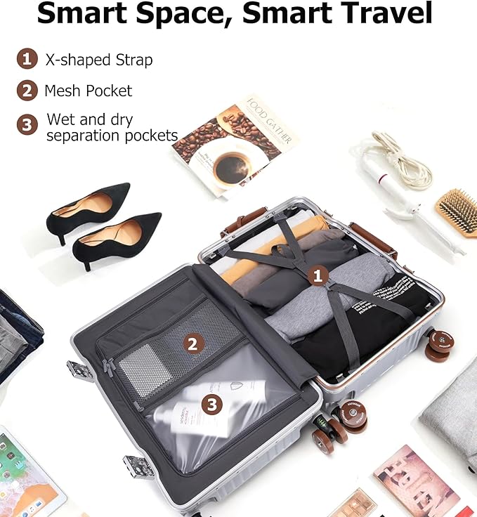 feilario 24in Aluminum Frame Wide Handle Hard Shell Carry On Suitcase - Vivid Colors Double Spinner Wheels Airline Approved Rolling Luggage with TSA Lock & Cup Holder (Silver, 24in)