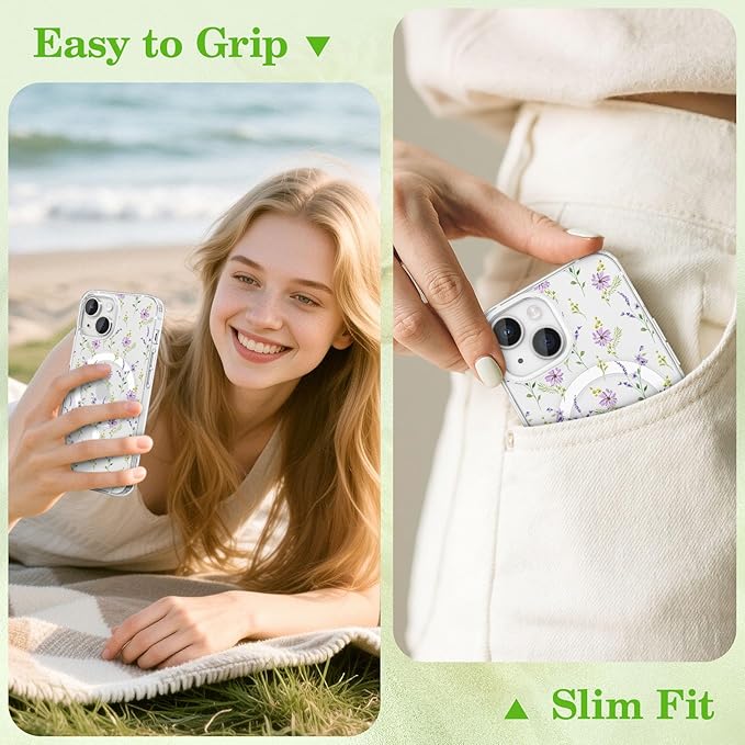 ZTOFERA for iPhone 15 Magnetic Case Compatible with Magsafe,Aesthetic Floral Pattern Design Cute for Girl Women,Anti-Drop Protective Hard Phone Cover for iPhone 15-Purple Flower