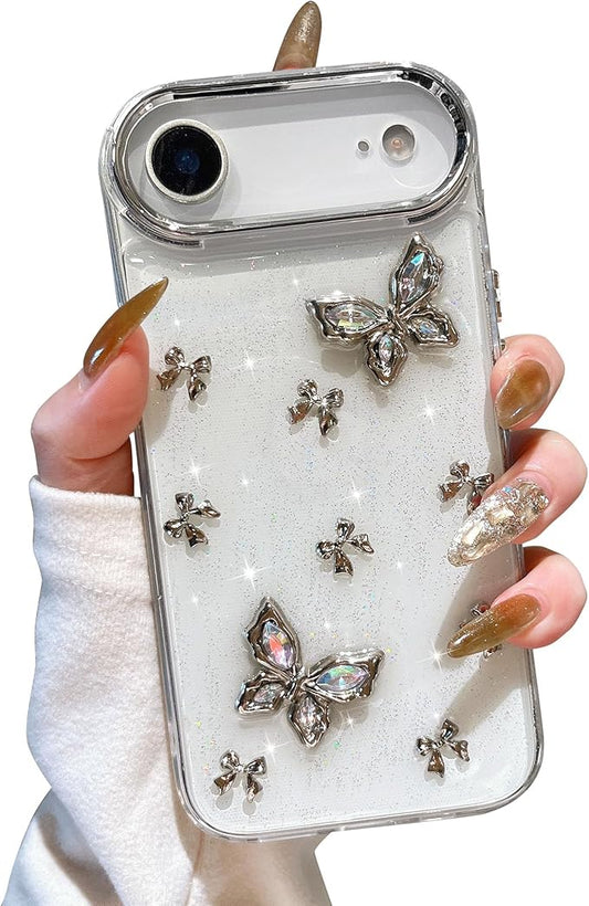 EYZUTAK Case for iPhone Air, Bling Glitter 3D Butterflies Bowknot Phone Case Cute Crystal Clear Bow Aesthetic Cover Slim Soft Durable TPU Transparent Protective Cover for Women Girls - Butterfly