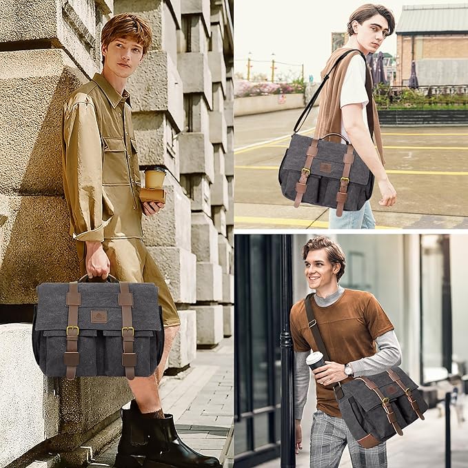 Messenger Bag for Men,13-14-15.6 Inch Laptop Bag, Vintage Heavyweight Canvas Satchel Bag, Leather Briefcase for School Work Travel (Grey)