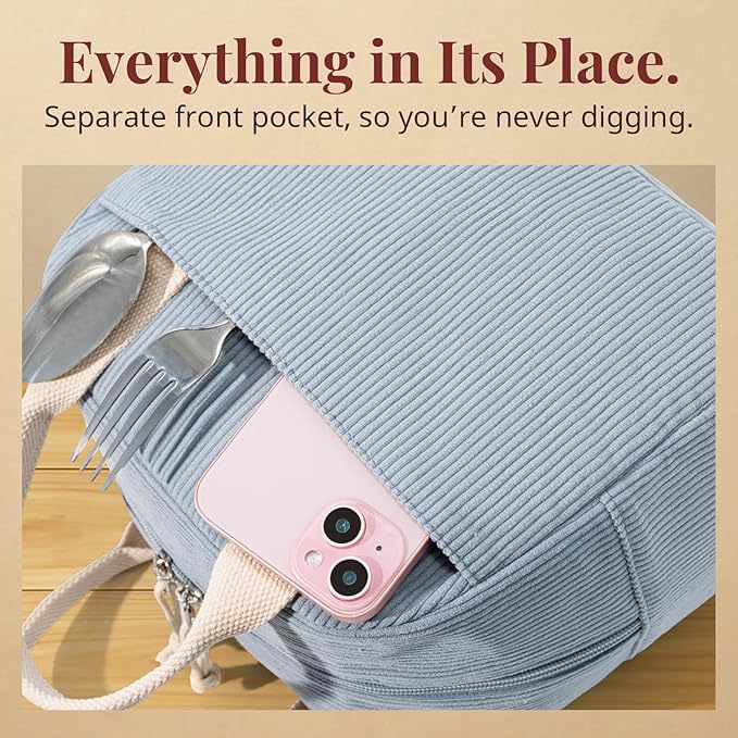 Insulated Lunch Bag for Women Men, Stylish Corduroy Tote Bag with Aluminum Lining, Large Capacity Reusable Cooler for Work, Travel, or Beach, Dusty Blue Lunch Box