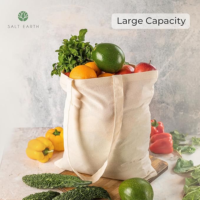 Salt Earth Pack of 5 | 6 | 12 | 24 | 48 – 100% Cotton Reusable Tote Bags – Bulk Grocery, Shopping, DIY, Beach & Gift Use