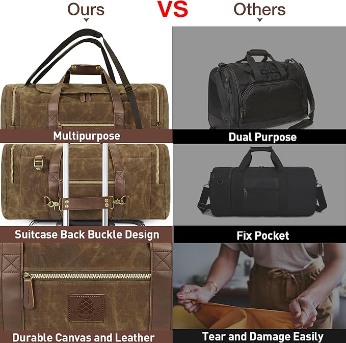 60L Travel Bags for Men, Nomad Washed Canvas Duffle Bag Vintage Genuine Leather Travel Duffel Bag Multifunctional Weekender Overnight Backpack with Shoes Compartment