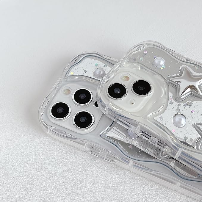 3D Stars Pearls Wavy Frame Plating Mirror Phone Case Compatible with iPhone Case for Women Girls(Clear,for iPhone 17)