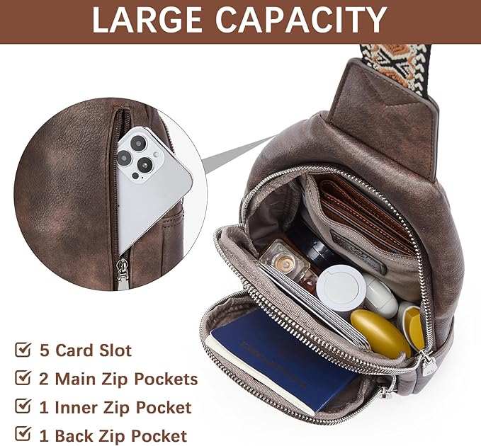 BOSTANTEN Sling Bag for Women Leather Crossbody Bag Vintage Cross Body Purse for Travel with Guitar Strap, Bohemian Style