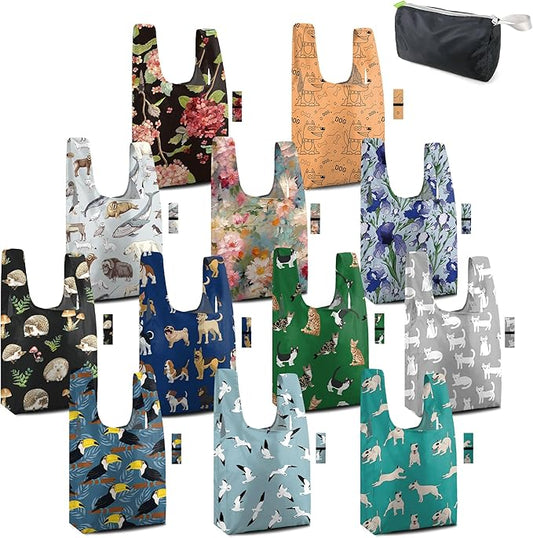 BeeGreen Reusable Grocery Bags Bulk Gifts 12-Pack - Large Tote with Zipper Pouch | Foldable & Washable Polyester Shopping Bags Heavy Duty Animal Lover Gifts Reusable Bag With Handles