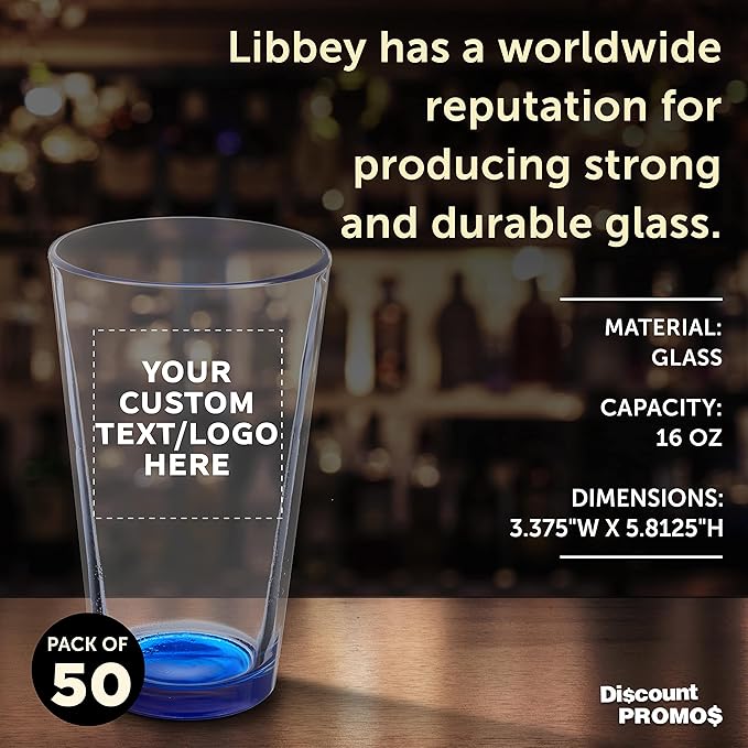 Custom Libbey Pint Glass 16 oz. Set of 50, Personalized Bulk Pack - Beer Glasses, Heavy Duty Drinkware - Blue