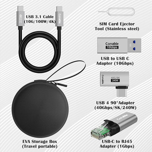 USB Travel Adapter 6-in-1, for Internet/Data/Charging/Video, Includes: USB-C to RJ45 Adapter, Type-C 3.1 Cable, USB to USB-C Connector, USB4 Right Angle Converter, SIM Card Ejector Tool, Storage Box
