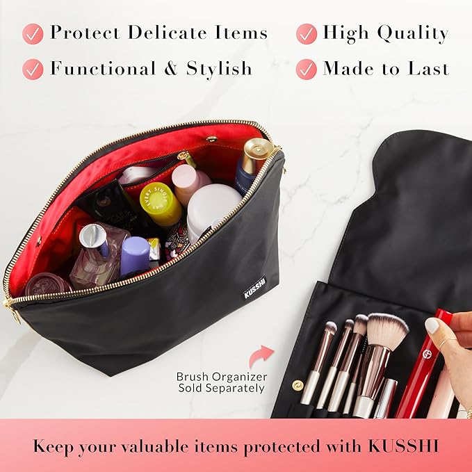 KUSSHI Washable Travel Makeup & Cosmetic Bag - Brush Organizer Sold Separately (Signature, Satin Black/Red)