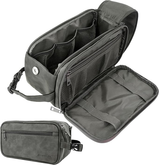 PAVILIA Toiletry Bag for Men, Travel Essentials Shaving Dopp Kit, Mens Travel Bag Toiletries Organizer Case for Grooming, PU Leather Water Resistant Cosmetic Bag Pouch (Dark Grey)