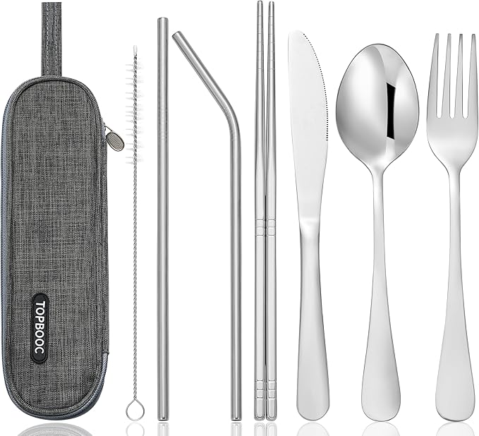 Travel Stainless Steel Utensils Set with Case – 8-Piece Reusable Flatware Kit Includes Fork, Knife, Spoon, Chopsticks, Straws, Brush & Bag – Portable Cutlery for Camping, Work, Picnic (Silver)